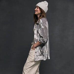 Free People We The Free Off Duty Velvet Shirt in Silver Lining